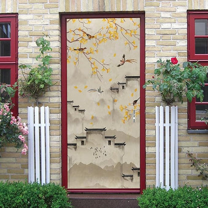 A.Monamour 3D Door Stickers for Interior Doors Flowers Birds Trees and Buildings in Ink Chinese Style Vinyl Waterproof Self Adhesive Door Mural Decals for Bedroom Office Bathroom 85x200cm