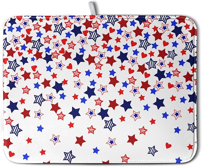 4th of July Dish Drying Mat for Kitchen Counter Patriotic Stars Dishes Drainer Mats Independence Memorial Day Microfiber Absorbent Dish Draining Pad Extra Large 18"x24"