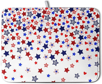 4th of July Dish Drying Mat for Kitchen Counter Patriotic Stars Dishes Drainer Mats Independence Memorial Day Microfiber Absorbent Dish Draining Pad Extra Large 18"x24"