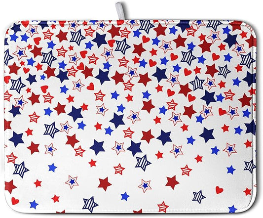 4th of July Dish Drying Mat for Kitchen Counter Patriotic Stars Dishes Drainer Mats Independence Memorial Day Microfiber Absorbent Dish Draining Pad Extra Large 18"x24"