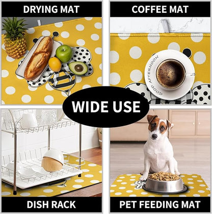 Bee Dish Drying Mat for Kitchen Counter 16x18 Inch Yellow Honey Bees Polka Dots Dishes Pad Cute Bumblebee Dish Draining Microfiber Absorbent Dish Drainer Rack Mat Medium Kitchen Accessories