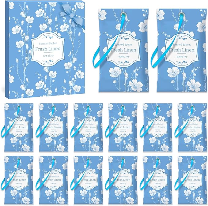 SCENTORINI Scented Sachets for Drawers and Closets, Fresh Linen Scent 14 Pack, Sachets Bags, Closet Freshener Sachet for Wardrobe, Cupboard, Luggage, Handbag, Suitcases, Small Space