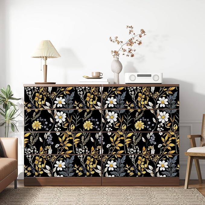 Drak Floral Wallpaper Peel and Stick Vintage Black Golden Wallpaper Vinyl Waterproof Self-Adhesive Removable Boho White Botanical Wall Paper Modern for Bedroom Walls Drawer Cabinet 17.5in x118in