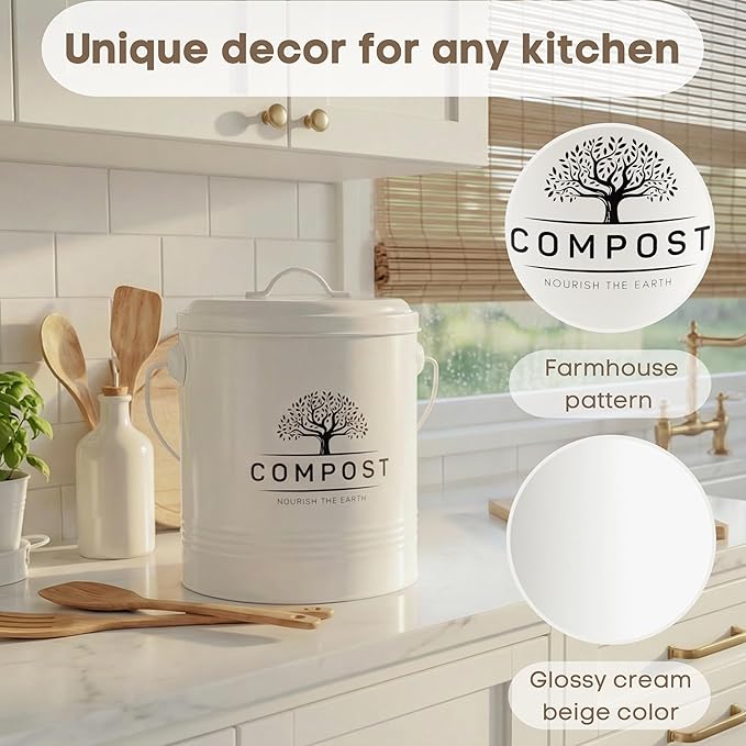 Perfnique Kitchen Compost Bin, 1.3 Gallon Countertop Compost Bin with Lid, Indoor Compost Bucket Includes Inner Bucket Liner and Carbon Filter, Small Compost Bin (Without Bags, Cream)