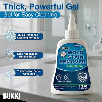 BUKKI Professional Mold Stain Remover Gel (7 FL OZ), Heavy Duty Thick Gel for Shower Grout, Front Load Washer Seals, Caulking, Bathrooms, Sinks and Tile
