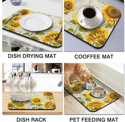 Dish Drying Mat for Kitchen Counter 2 Pack with Non-Slip Rubber Backing - Heat-Resistant Absorbent Coffee Bar Mat, Dish Rack Mat, Sunflower Dish Drying Mats 18x24+19.5x12 inch