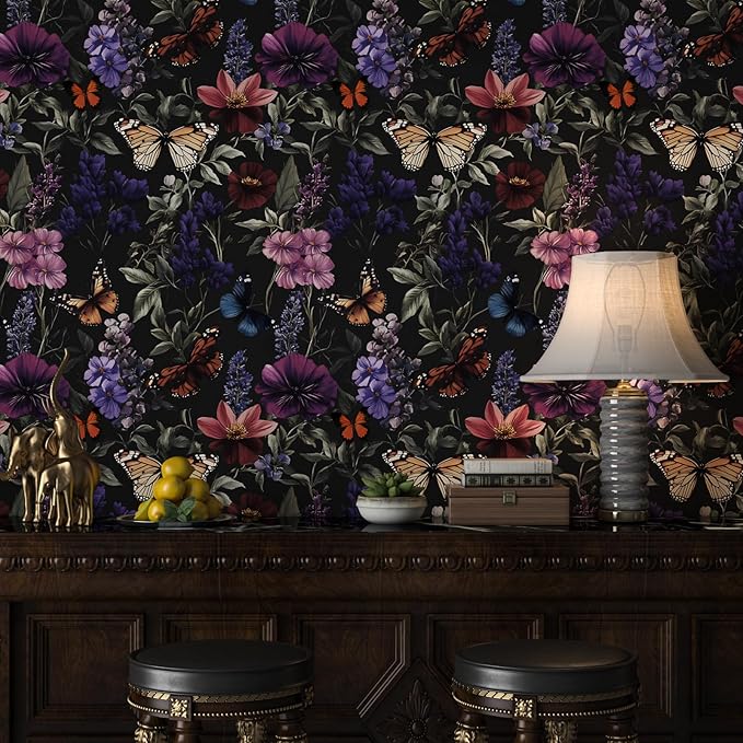 Vintage Floarl Butterfly Wallpaper Peelable, Dark Black Flower Design Self Adhesive Removable Wall Paper for Bedroom Cabinet Kitchen, Vinyl Gothic Contact Paper 17.5In x 118In Dark Colorful