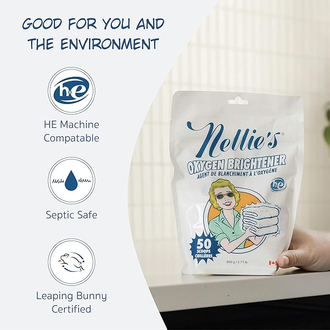 Nellie’s Oxygen Brightener –Powder Stain Remover for Laundry – Brightens Whites, Protects Colors – Bleach-Free, Septic-Safe (50 Scoops) - Made in Canada