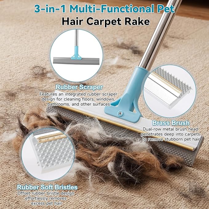 Carpet Rake for Pet Hair Removal Tool, Reusable Pet Hair Rake with 63” Adjustable Long Handle, Cat Dog Hair Remover Carpet Broom and Scraper, for Carpets, Rugs, Mats, Couch, Furniture, Car