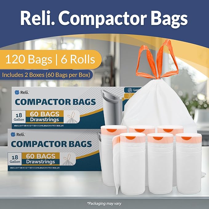 Reli. 18 Gallon Trash Compactor Bags (120 Pack) | 2 Mil Heavy Duty | Compatible with Kitchenaid, Whirpool, GE 15 Inch Compactors | No Slip Drawstring Kitchen Trash Bags | Leak-Proof & Tear Resistant