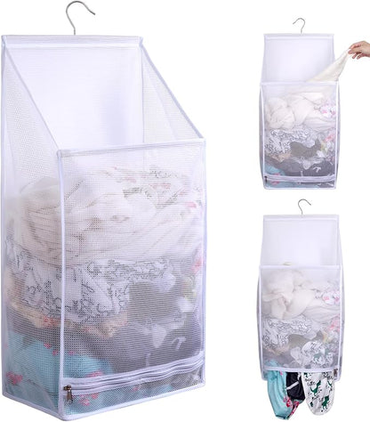 Hanging Collapsible Breathable Mesh laundry bags,Fast Drying Portable Space Saving Laundry Hamper for dorm,Rv Laundry Hamper Storage (White)