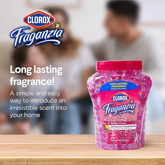 Clorox Fraganzia Crystal Beads Air Freshener, Long Lasting Room Deodorizer and Odor Eliminator Gel Beads to Freshen Home, Car, or Office, Spring Scent, 12 Fl Oz