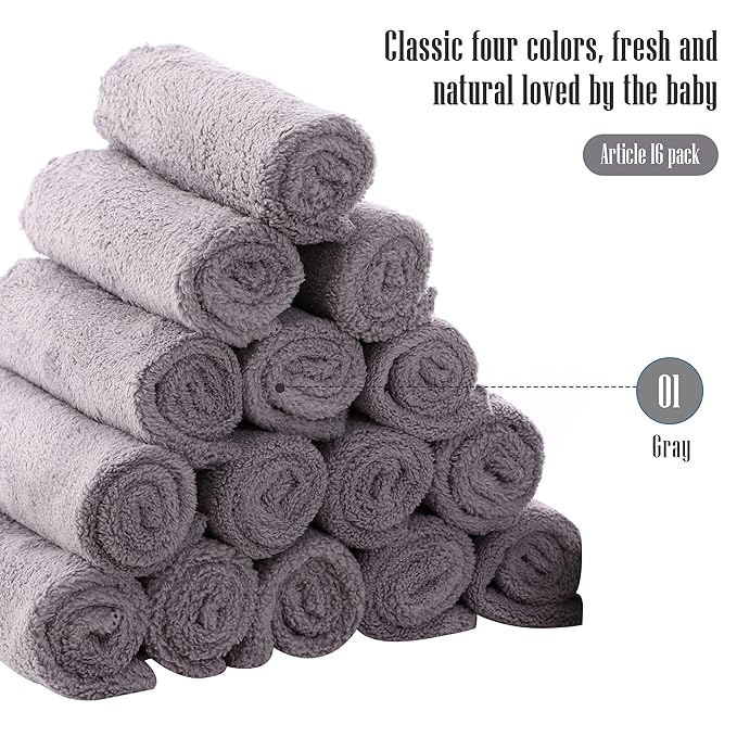 Cute Castle Ultra-Soft Baby Washcloths, 16 Pack - 9" by 9", Gentle on Sensitive Skin for Face and Body, Plush, Super Absorbent Wash Clothes for Girls and Boys, Grey