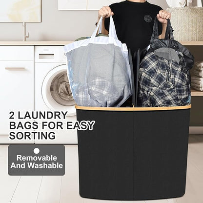 Large Laundry Hamper with Lid 205L,Collapsible 2-Section Dirty Clothes Basket Organizer for Bathroom, Bedroom & Laundry Room - Waterproof, Easy Sort, Foldable Storage Solution