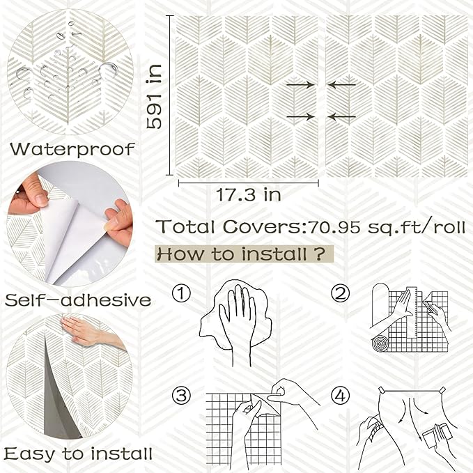 Modern Peel and Stick Wallpaper 17.3''×591'' Self Adhesive Wallpaper Boho Contact Paper Beige and White Geometric Wall Paper Removable Decorative Wallpapers for Bedroom Bathroom Cabinets Decor Vinyl