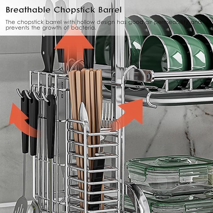 Counter Dish Stainless Steel Dish Drying Rack for Countertop - Rustproof Space-Saving & Multipurpose 3-Tier Dish Rack for Kitchen Counter with Utensil Holder, Large-Capacity Kitchen Organizer
