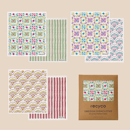 RECYCO Swedish Dishcloths for Kitchen | 6 Pack Boho Mosaic Bliss Washable Dish Rags | Cellulose Reusable Cleaning Paper Towels | Absorbent Counter Dish Cloth Sponge Kitchen Wipes, 8" L x 7" W