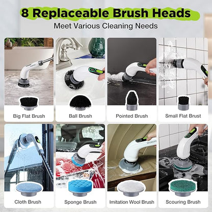 WORKPRO Electric Spin Scrubber, Cordless Cleaning Brush, 3-Speed, Long Adjustable Handle & 8 Replaceable Brush Heads, Waterproof Scrubber for Bathroom, Kitchen, Bathtub, and Floor, for Women