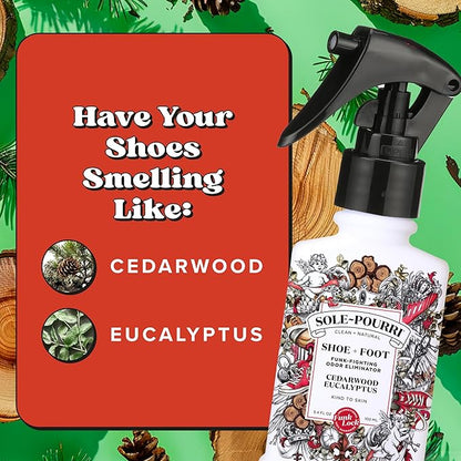 Sole-Pourri Shoe Deodorizer + Foot Spray, 3.4 Fl Oz, Up to 150 Uses, Funk-Fighting Odor Freshener with Essential Oils, for Smelly Shoes, Feet & Gym Bags, Cedarwood & Eucalyptus Scent