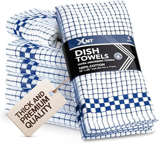 XLNT Highly Absorbent Kitchen Dish Towels 100% Cotton 18x28 inch – Ultra-Thick Dishcloths – Premium Weave for Drying & Cleaning – Soft, Durable & Lint-Free – Pack of 6 Blue