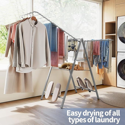 APEXCHASER Drying Rack Clothing, Clothes Drying Rack Foldable, Metal Laundry Drying Rack Collapsible for Sweater Towel Indoor & Outdoor, Height Adjustable Gullwing Clothes Airer, Grey