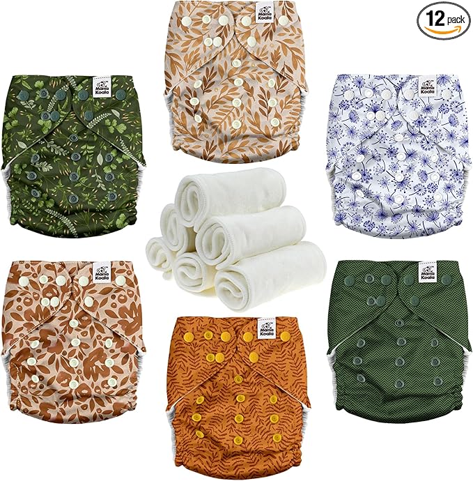 Mama Koala 3.0 Cloth Diapers for Babies with Suede Cloth Lining, 6 Pack with 6 Natural Diaper Inserts - Reusable Pocket Diapers (Neutral Leaves)