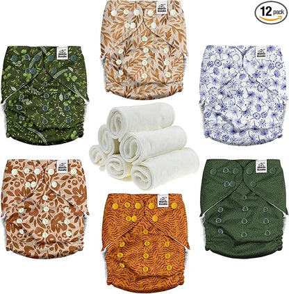 Mama Koala 3.0 Cloth Diapers for Babies with Suede Cloth Lining, 6 Pack with 6 Natural Diaper Inserts - Reusable Pocket Diapers (Neutral Leaves)