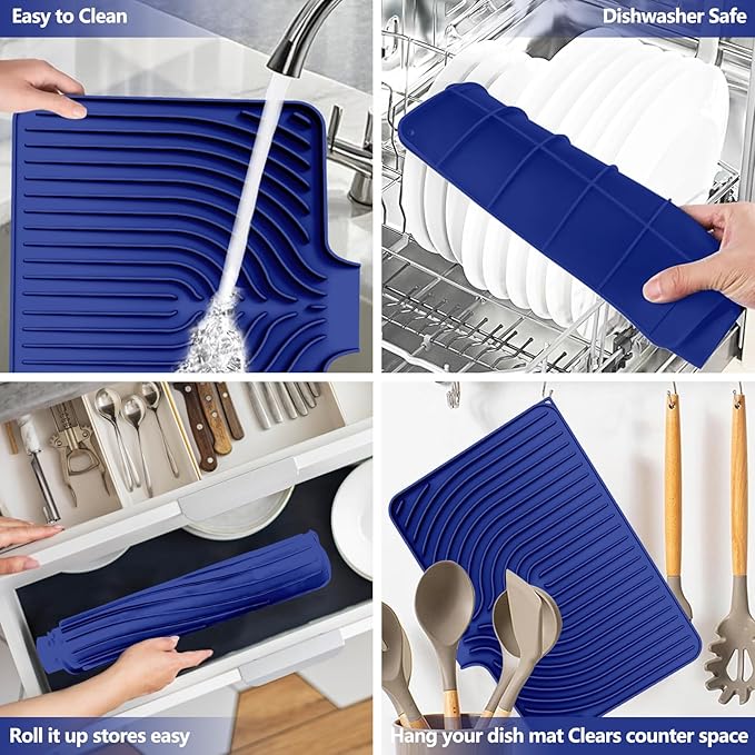 Dish Drying Mat for Kitchen Counter, with Built-in Drain Lip, Food-Grade Silicone, Easy Clean Pad for Countertop Protection, Multi-Functional Use (18x11.8, Midnight Blue)