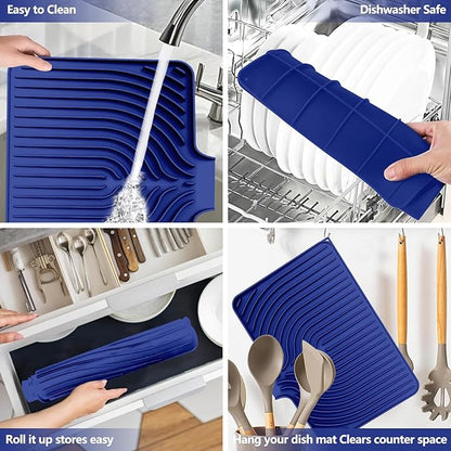 Dish Drying Mat for Kitchen Counter, with Built-in Drain Lip, Food-Grade Silicone, Easy Clean Pad for Countertop Protection, Multi-Functional Use (18x11.8, Midnight Blue)