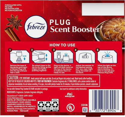 Febreze Plug Scent Booster Starter Kit, Oil Diffuser, Air Freshener Plug in, Continuous Scent, 2 Devices + 2 Baked Cinnamon Apple Refill
