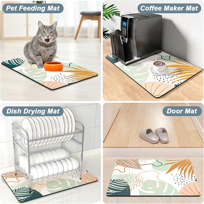 Rnivvi Coffee Mat, 16" x 24" Cute Boho Theme Coffee Bar Mats for Espresso Machine Station Accessories and Organizer, Hide Stain Rubber Backed Absorbent Dish Drying Pad for Kitchen Counter, Tropical