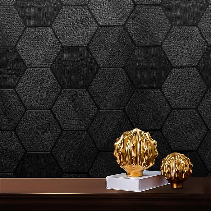 Black Peel and Stick Wallpaper Self Adhesive 3D Hexagon Geometric Embossed Contact Paper Removable Easy Peel Off Textured Wallpaper for Cabinet Bedroom 15.7" X 196"