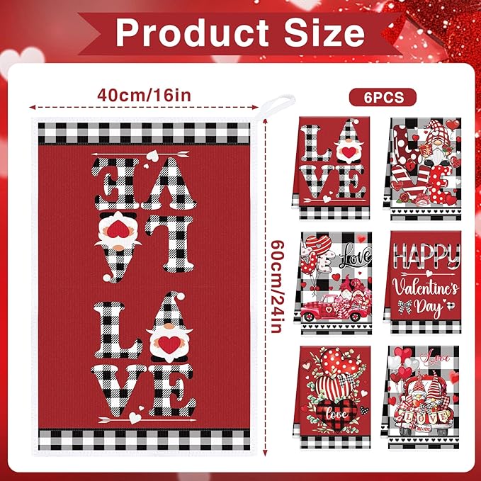 Valentines Day Kitchen Towels - 6 Pcs Plaid Truck Heart Love Theme Valentines Hand Towels, Valentine Dish Towels for Kitchen, Anniversary Wedding Home Decoration Supplies