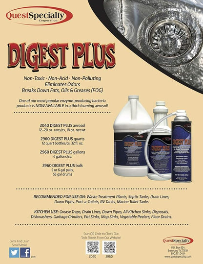 Quest Specialty DIGEST PLUS Foaming Drain Cleaner and Odor Eliminator, 1 count