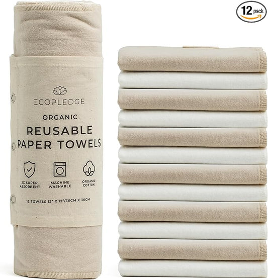 Reusable Paper Towels Washable Roll - Thick 12-pc Two Layered Ultra Absorbent Paperless Certified Organic Cotton Towels - Large Cloth Kitchen Paper Towel with Hanging Loop