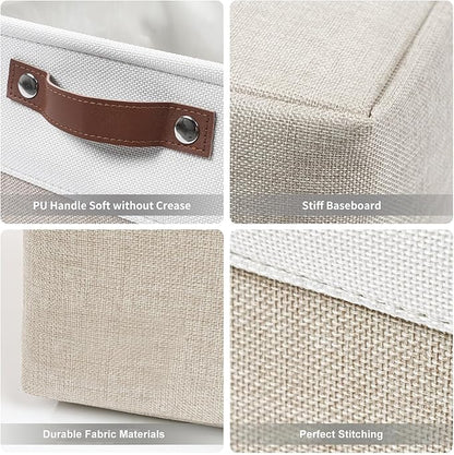 13x13 Cube Storage Bins, Collapsible Fabric Storage Box, 4 Pack Closet Baskets with Handles for Organizing, Shelf, Toys, Clothes, Home, Office, Nursery (Beige&White)