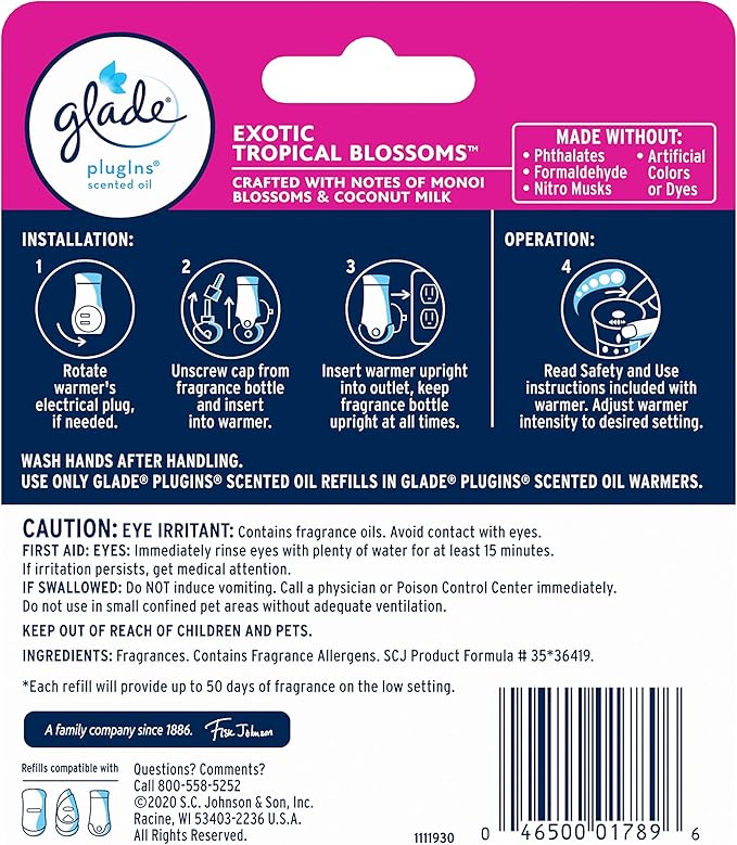 Glade PlugIns Refills Air Freshener, Scented and Essential Oils for Home and Bathroom, Exotic Tropical Blossoms, 1.34 Fl Oz, 2 Count