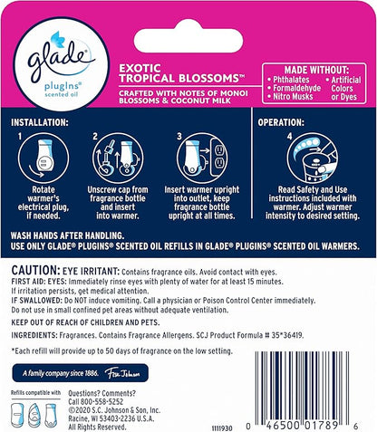 Glade PlugIns Refills Air Freshener, Scented and Essential Oils for Home and Bathroom, Exotic Tropical Blossoms, 1.34 Fl Oz, 2 Count