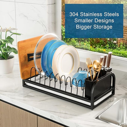 Black Dish Drying Rack Small for Kitchen Counter, 304 Stainless Steel Dish Rack w Tray & Cutlery Holder, Narrow Dish Drainer for Pots & Pans, Cutting Boards, Plates & Lids