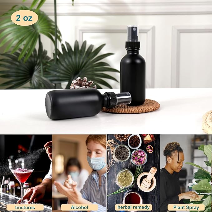 NOOEEISS Frosted Black Glass Small Spray Bottle 2 oz 24 Packs,Fine Mist Sprayer Small Clear Bottles,Refillable Containers mini spray bottles for Cleaning Solutions and Skin Care (Frosted Black 24pcs)