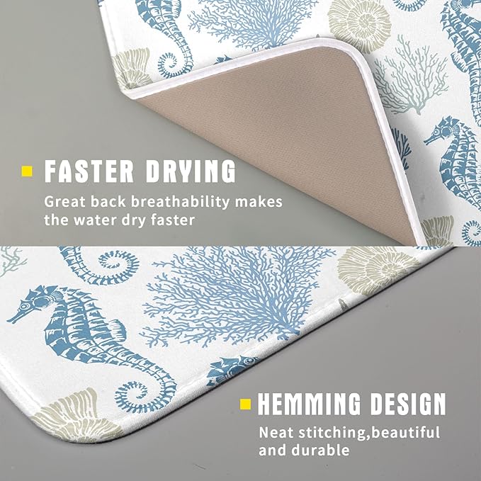 Blue Coral Dish Drying Pad 18 x 24 Inch With Absorbent Reversible Microfiber Coastal Starfish Seashell Summer Drying Mats Dish Drainer Mat Fast Dry For Kitchen Dining Room Decoration