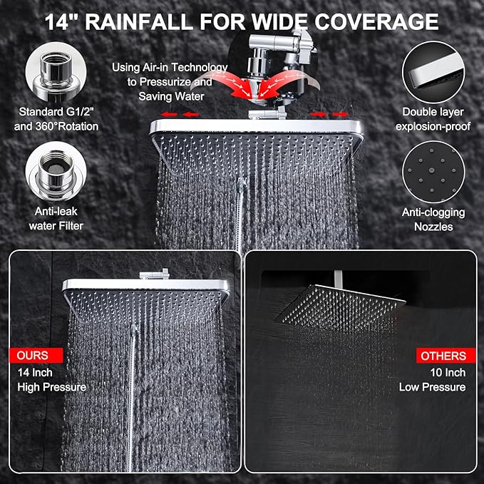 Handheld Shower Combo, 14 Inch Rainfall Shower Head and 8 Handheld Spray with Power Wash, Wide Square Shower Head for Full Body Coverage and Adjustable Extension Arm,Bath Upgrade CP,Chrome