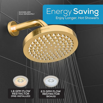 SparkPod Shower Head - High Pressure Rain - Premium Quality Luxury Design - Easy Clean Adjustable Replacement for Your Bathroom Shower Heads (Egyptian Gold, 6 Inch Round)