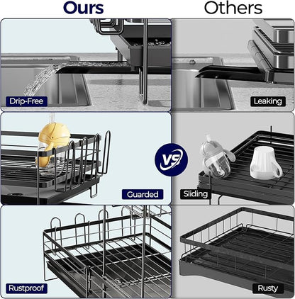 2 Tier Large Dish Drying Rack, Expandable Dish Rack for Kitchen Counter, Dish Drainer with Drainboard Set, Multifunctional Dishrack with Utensil Holder & Cup Holder, 13.4"-28.7" L x 11.8" W