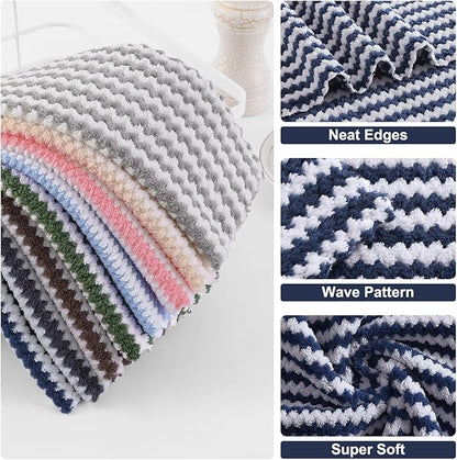 Homaxy 12 Pack Kitchen Dish Cloths, Ultra Soft and Absorbent Dish Towels, Reusable Fast Drying Microfiber Cleaning Cloth, Coral Velvet Wave Design No-lint, 10 x 10 inches, Navy Blue
