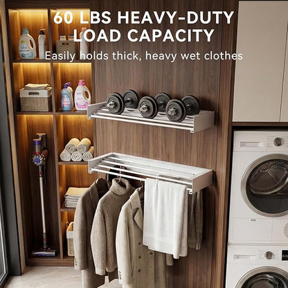 Wall Mounted Clothes Drying Rack - Heavy Duty 5-Rod Retractable Clothing Drying Rack, 60LBS Capacity Tiered Laundry Hanger, Large Foldable Dryer Racks for Indoor