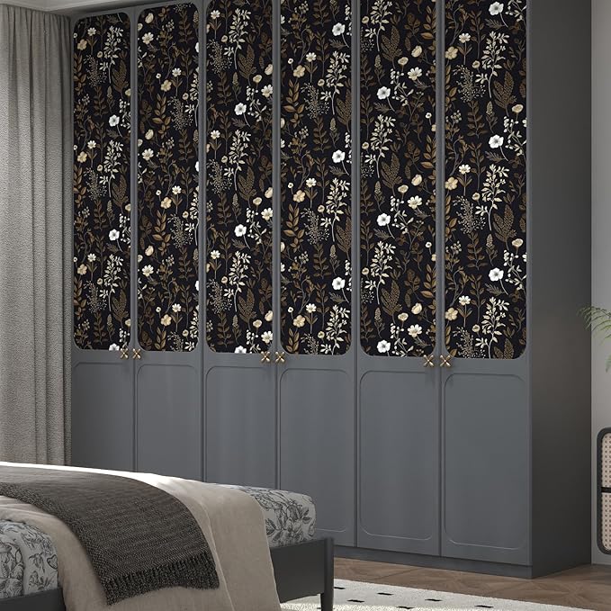 Vintage Dark Floral Wallpaper, Moody Black Leaf Botanical Removable Contact Paper for Bedroom Bathroom Drawer, Boho Floral Self Adhesive Wall Paper Brown Taupe Flower Wall Decor 17.5" x 118"