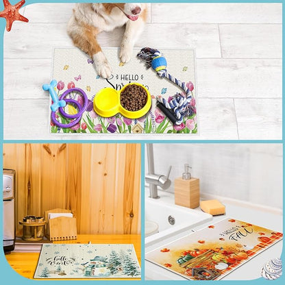Teenyyou 4 Pcs Seasonal Dish Drying Mats for Kitchen 24"x 16" Winter Holiday Microfiber Absorbent Washable Drainer Mat for Counter Spring Summer Fall Home Accessories Decoration(Nature)