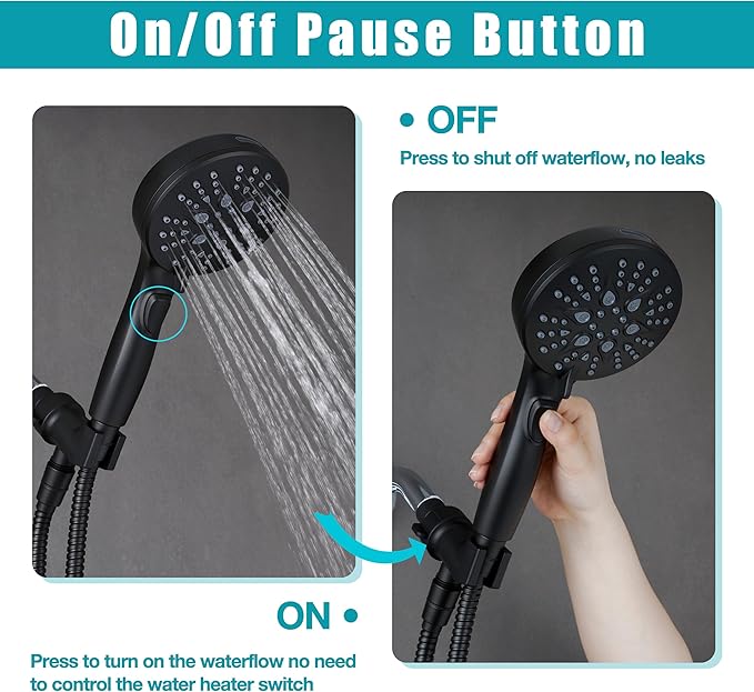 Handheld Shower Head with on off Switch&Built-in Power Spray,7-Setting High Pressure Spray Shower Wand with 79in Long Hose&Bracket and Extra Adhesive Shower Holder for Lower Mount,Black
