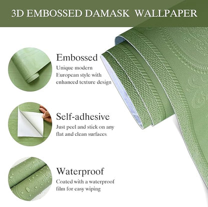 JiffDiff Wallpaper Peel and Stick Textured,3D Embossed Wall Paper Stick on Wallpaper Modern Waterproof Self Adhesive Contact Paper(17.3" x 1200",Green)